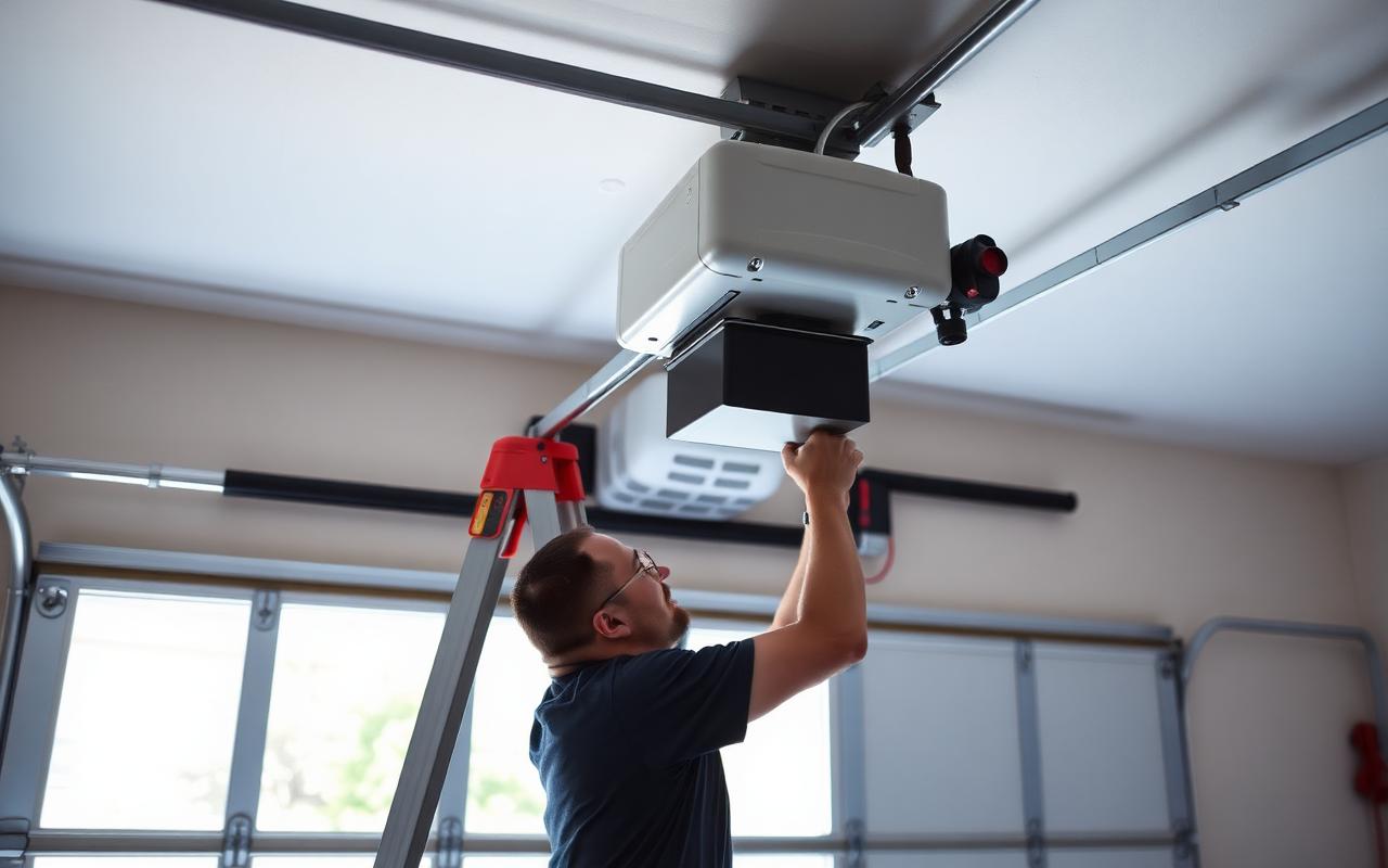 Technician repairing a garage door opener motor unit in a Statesville, NC garage